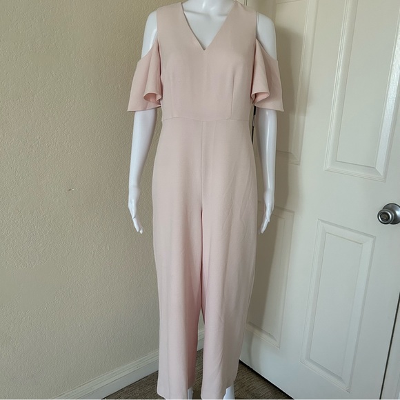 Karl Lagerfeld Paris Pink Cold Shoulder Wide Leg Cropped Jumpsuit